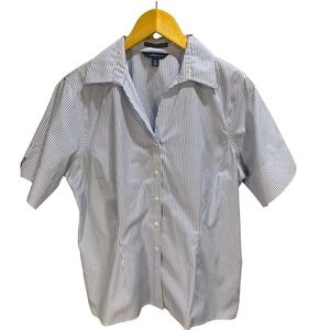 Lands End Women 16 Blue White Striped No Iron Pinpoint Oxford Shirt Short Sleeve